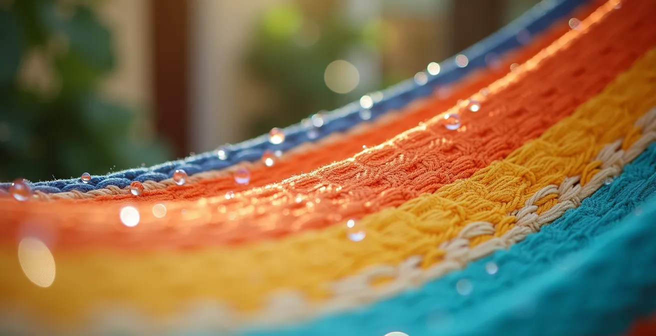 Amaca di cotone colorata stesa ad asciugare all'ombra in un cortile italiano con piante mediterranee