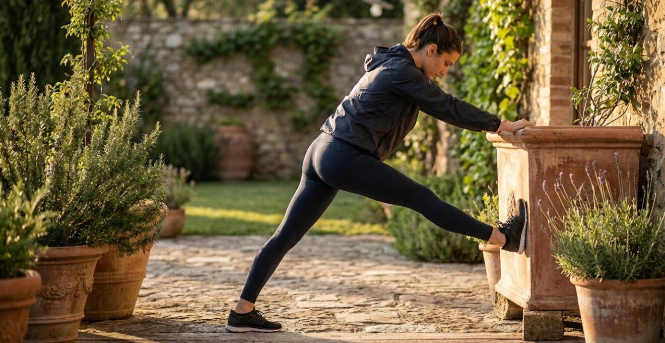 Terrazzo attrezzato per stretching con elementi naturali e arredi da giardino utilizzati come supporti