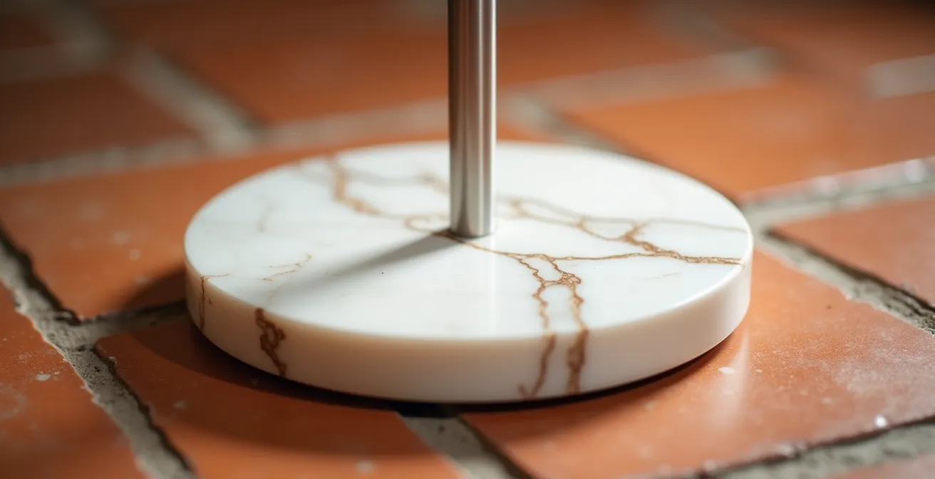 Base in marmo di Carrara di una lampada da terra di design italiano che ne garantisce la stabilità