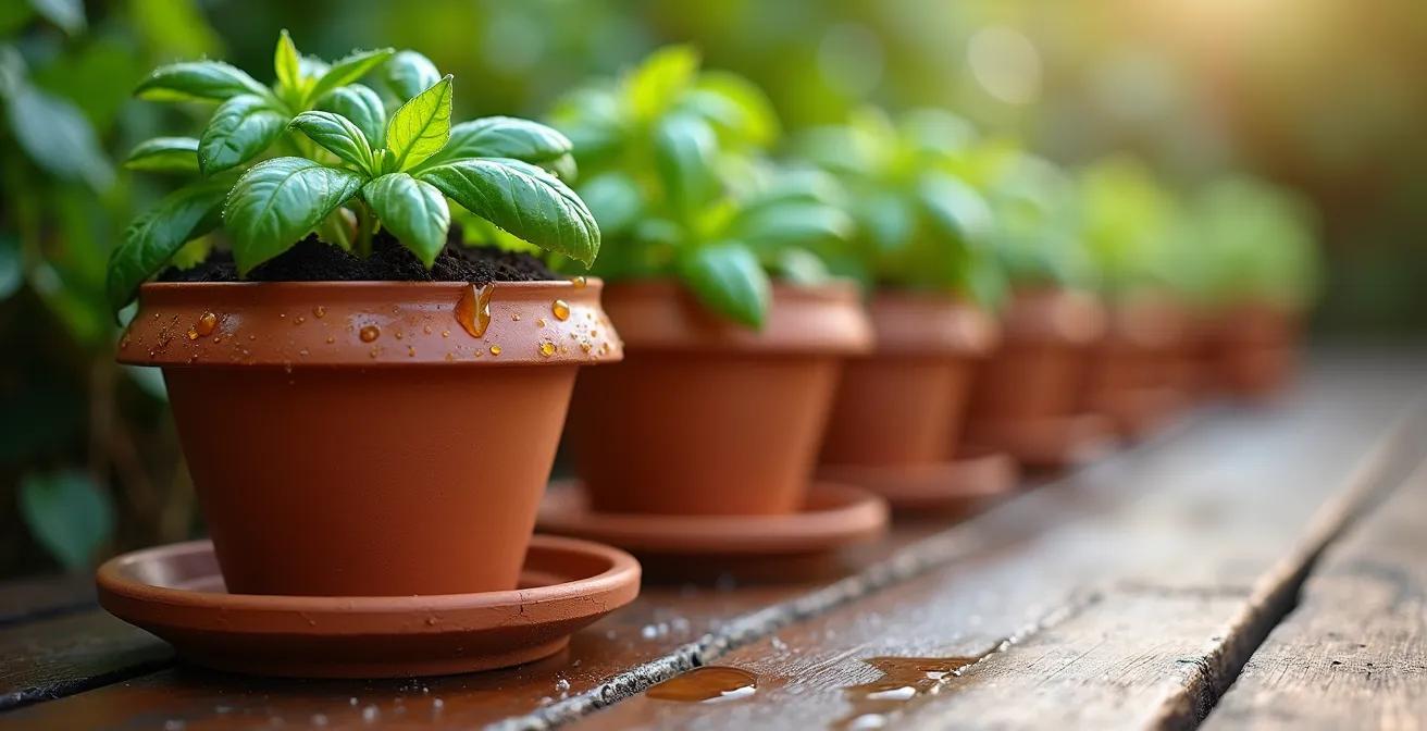 Dettaglio ravvicinato di vasi in terracotta con piante su terrazzo italiano