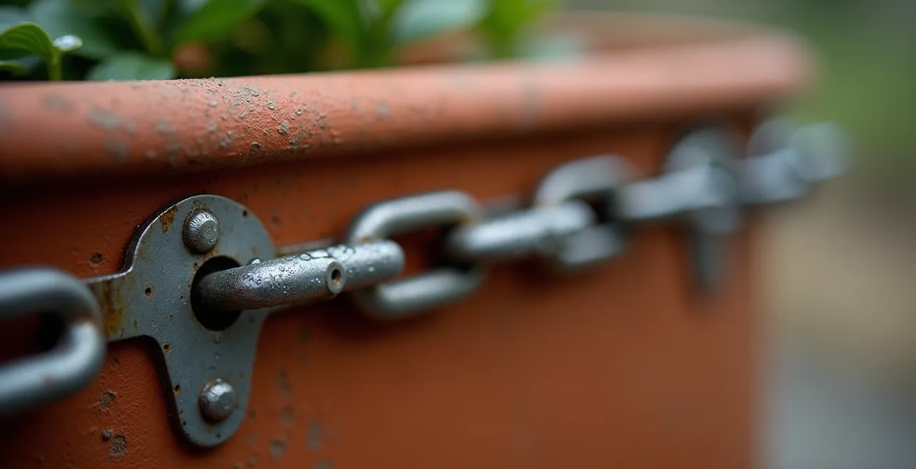 Composizione artistica di fioriere sospese a diverse altezze su parete italiana