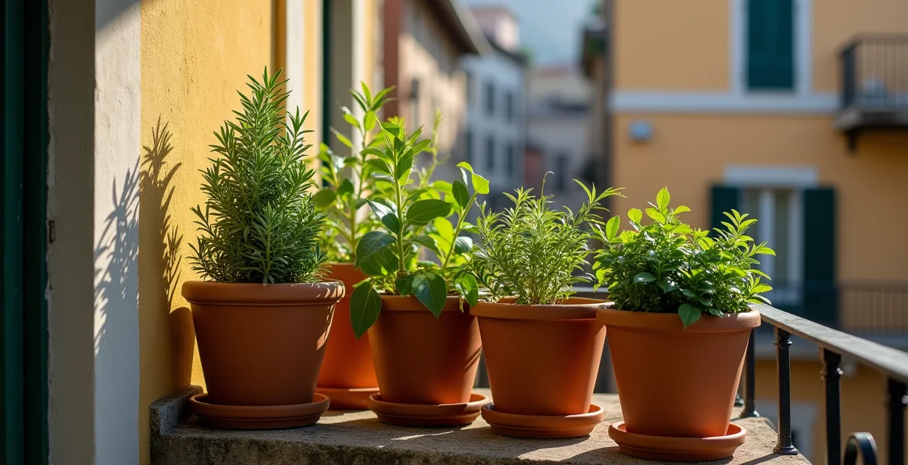 Composizione di piante seguendo il metodo della piramide visiva su balcone piccolo