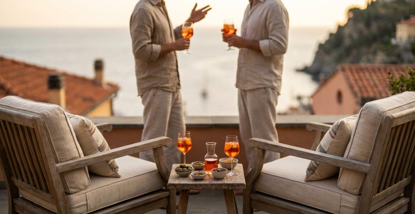 Due divani frontali su terrazzo italiano di 15mq che favoriscono la conversazione con vista mare