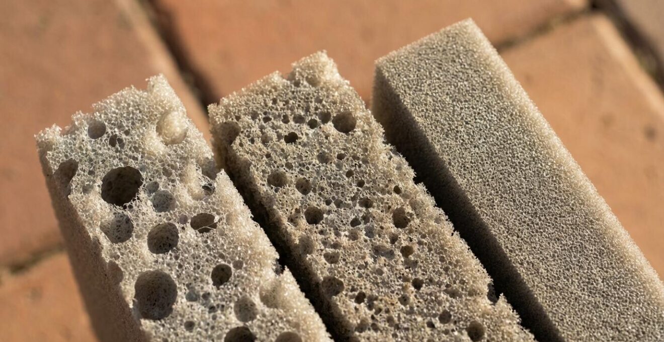 Sezione trasversale di tre cuscini con diverse densità di gommapiuma per mobili da giardino