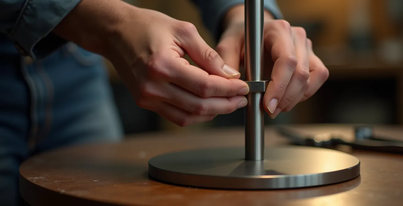 Dettaglio ravvicinato delle finiture di alta qualità su una lampada di design italiano originale, mostrando la maestria artigianale