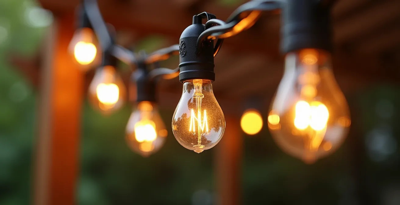 Dettaglio ravvicinato di lampadine E27 vintage e LED integrate su ghirlanda