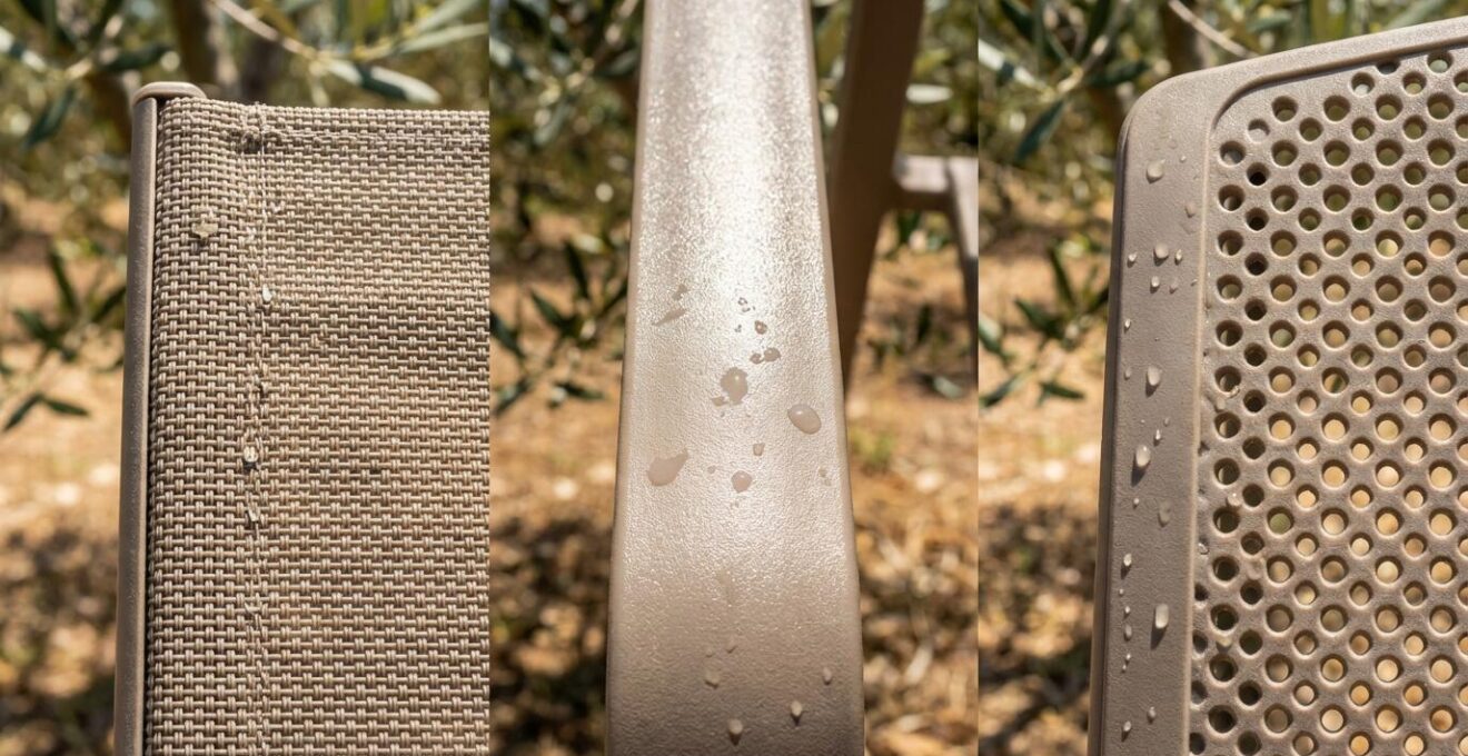 Dettaglio macro di tre materiali per sedie da giardino sotto il sole estivo: textilene intrecciato, plastica piena e polipropilene perforato