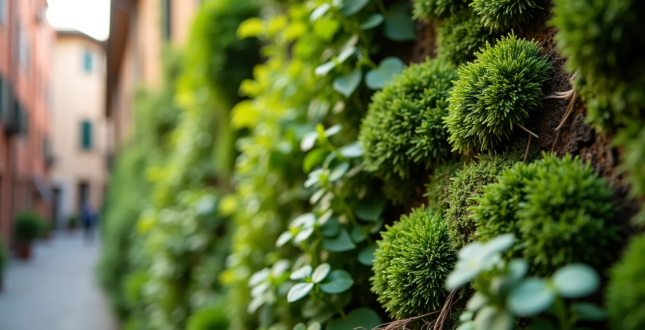 Sezione comparativa di due pareti verdi affiancate mostrando la differenza di densità tra muschio stabilizzato e piante vive