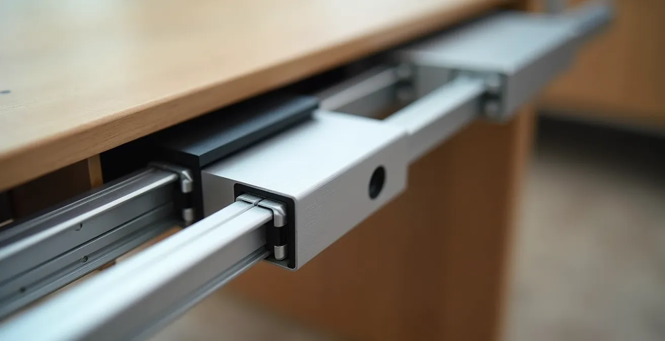 Dettaglio del meccanismo telescopico in alluminio di una consolle allungabile con focus sulla struttura di supporto