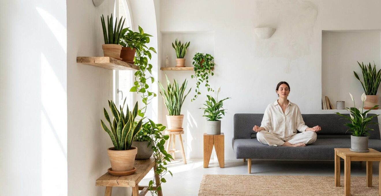 Soggiorno italiano luminoso con piante verdi rigogliose e persona rilassata