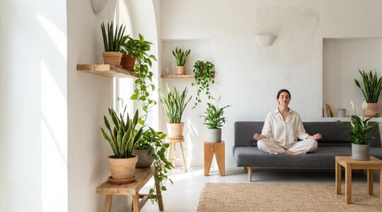 Soggiorno italiano luminoso con piante verdi rigogliose e persona rilassata