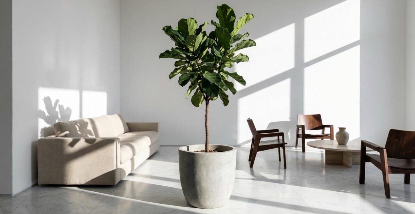 Salotto italiano minimalista con Ficus Lyrata come punto focale