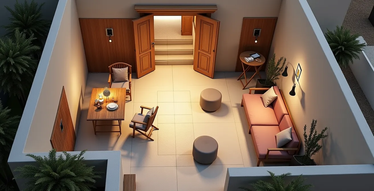 Schema aereo di disposizione arredi per ottimizzare il passaggio verso il terrazzo