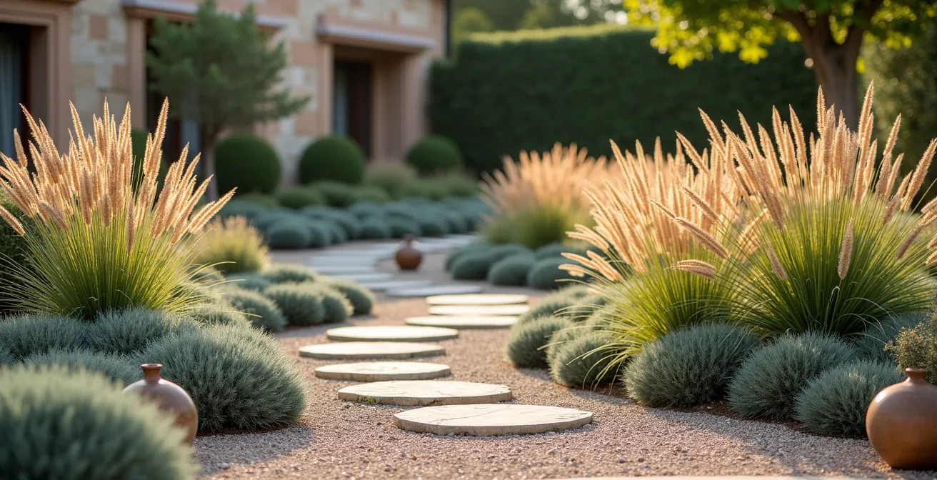 Giardino secco dal design raffinato con graminacee e piante strutturali