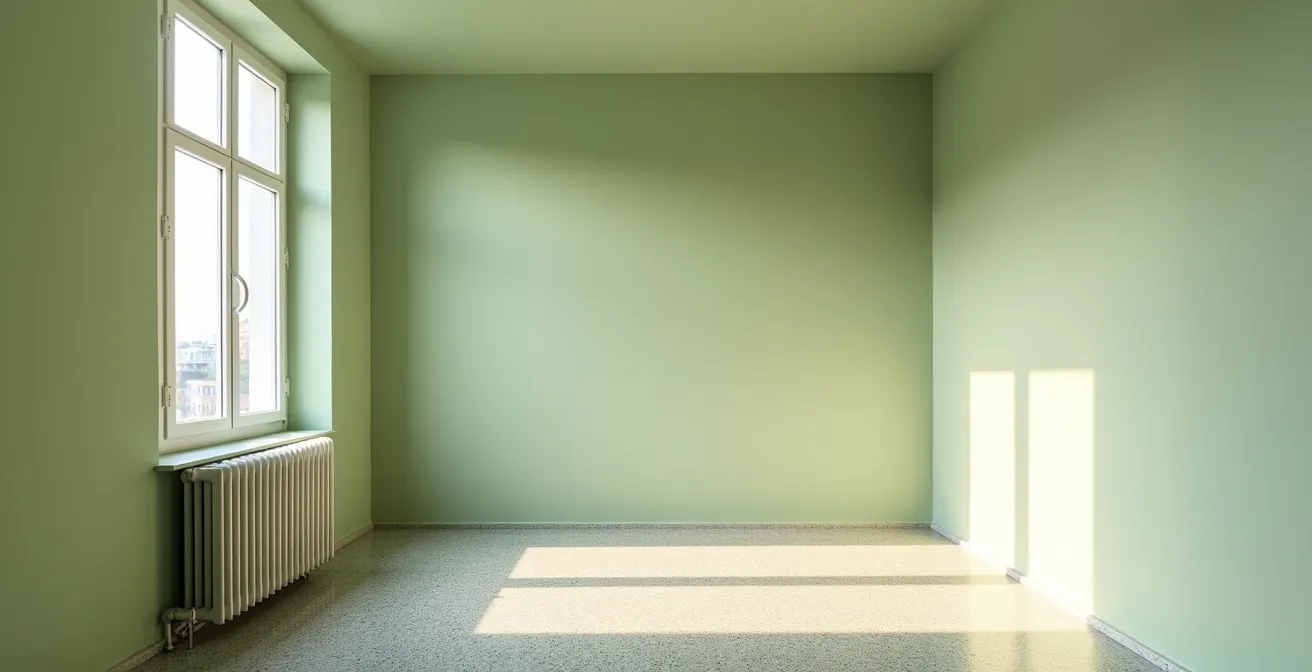 Stanza italiana con soffitto dipinto in colore carta da zucchero che crea effetto ottico di maggiore altezza