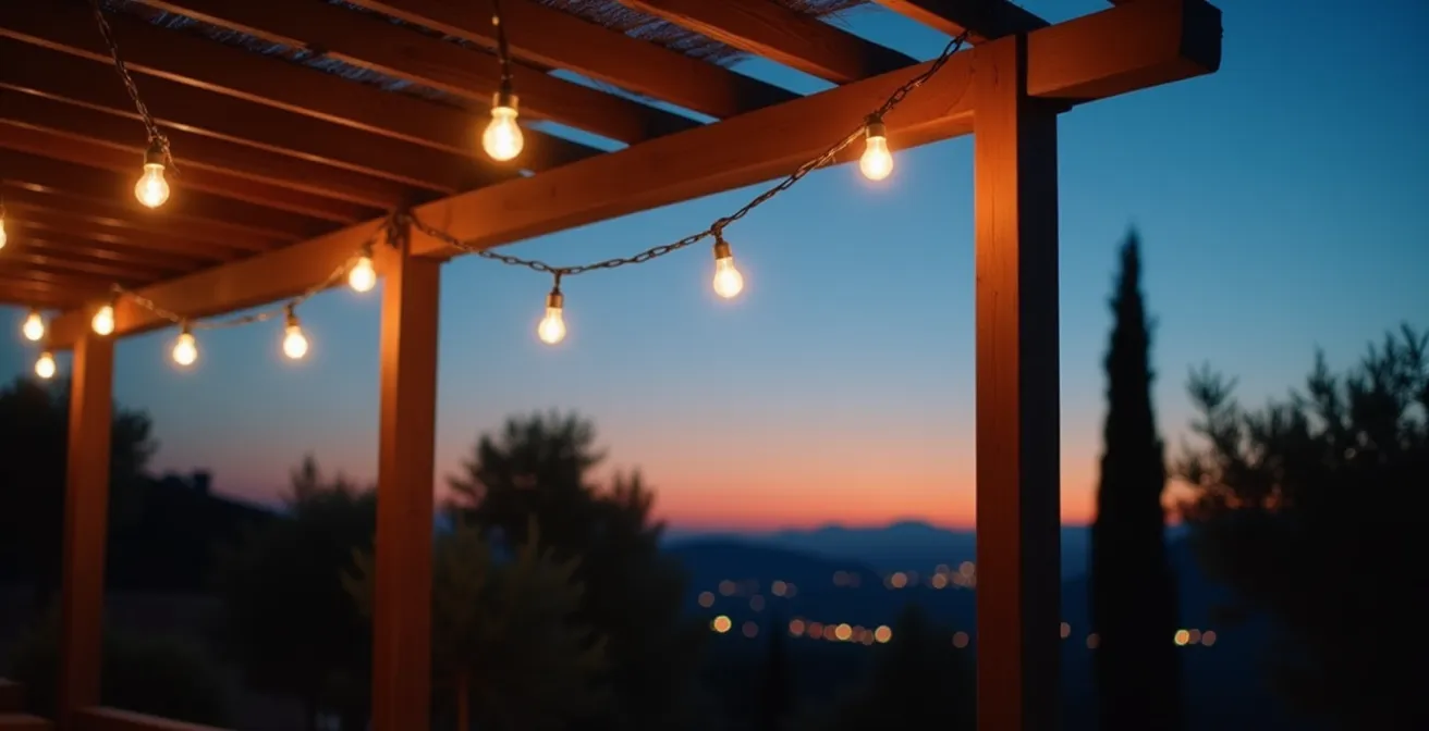 Vista ampia di ghirlande luminose sotto pergolato durante serata estiva italiana