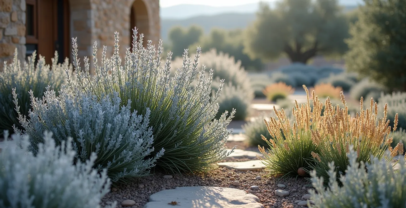 Giardino mediterraneo invernale con lavanda e rosmarino coperti di brina
