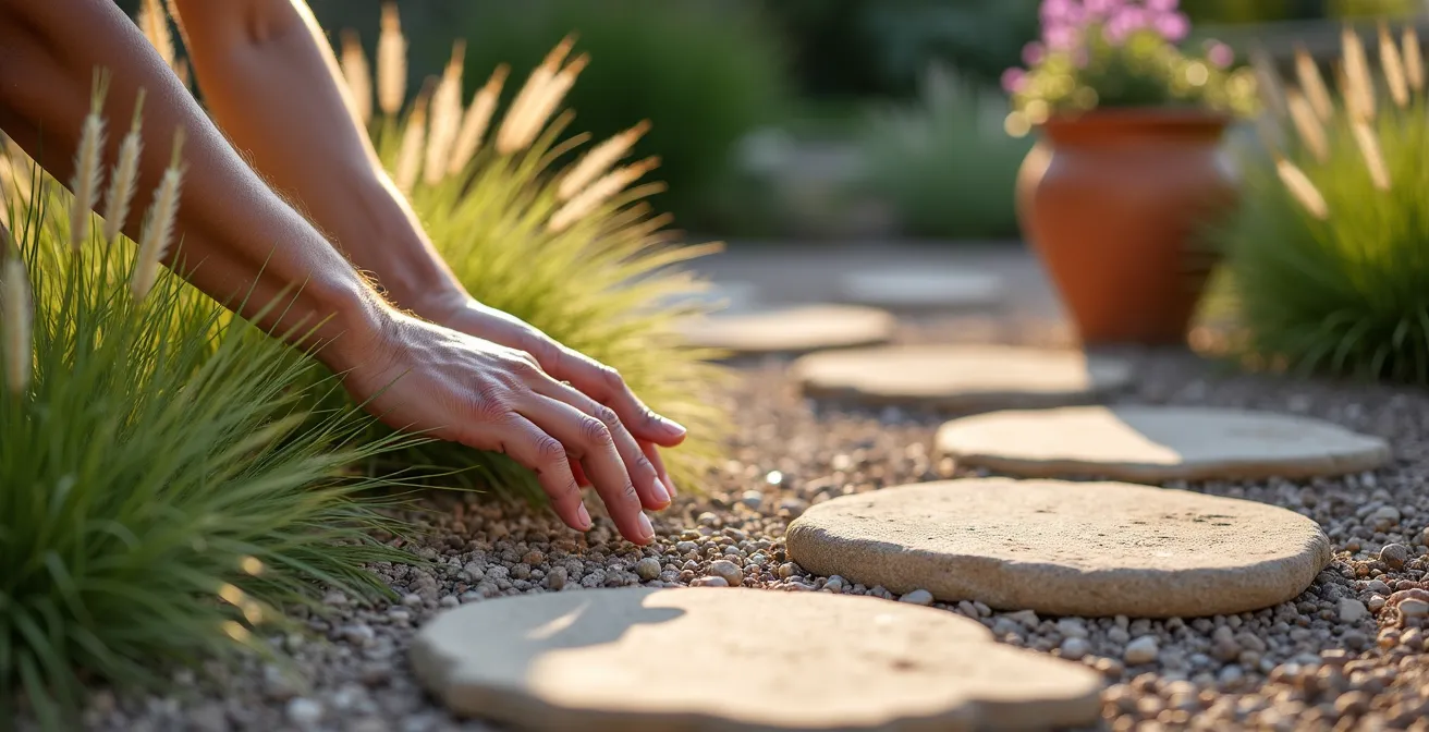 Giardino di ghiaia mediterraneo con graminacee ornamentali e percorsi in pietra naturale