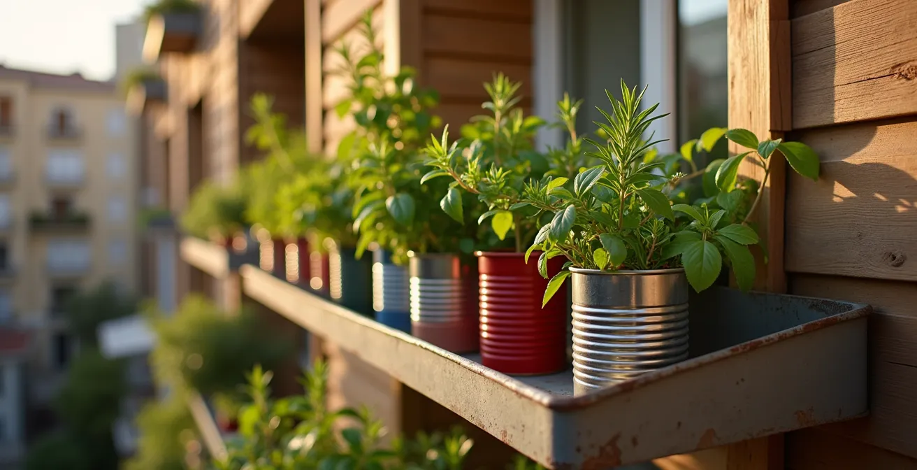 Giardino verticale con scaffale metallico e barattoli riciclati pieni di aromatiche