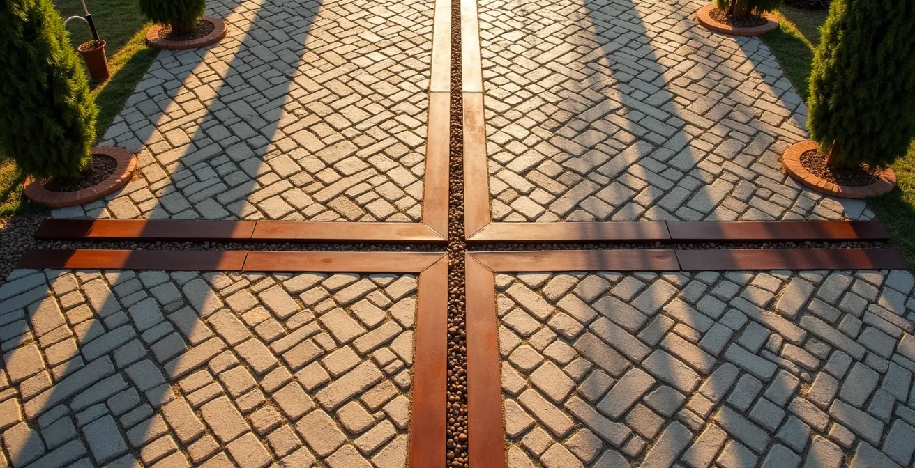 Vista dall'alto di un giunto di dilatazione decorativo in acciaio Corten su pavimentazione drenante