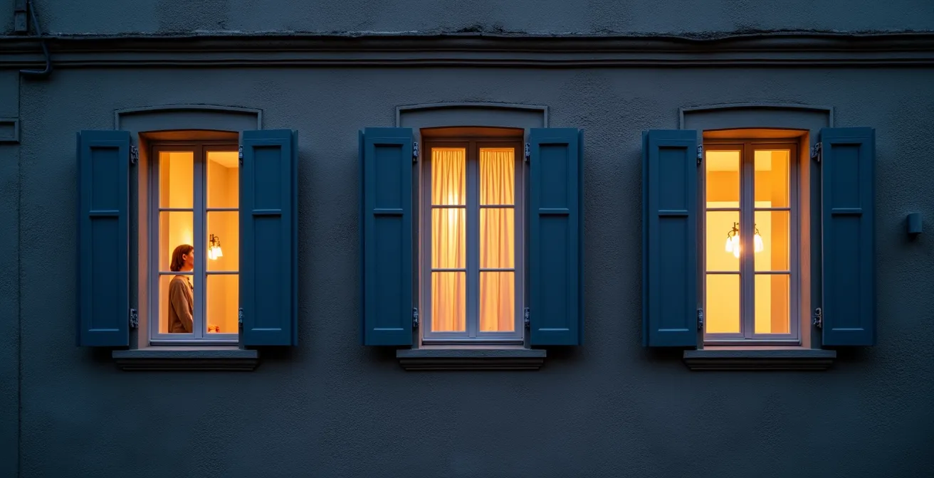 Confronto visivo di tende in lino con diverse grammature illuminate dall'interno di notte