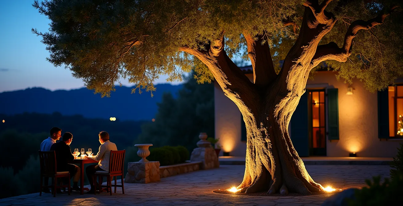 Illuminazione professionale dal basso di un ulivo monumentale in giardino italiano al crepuscolo