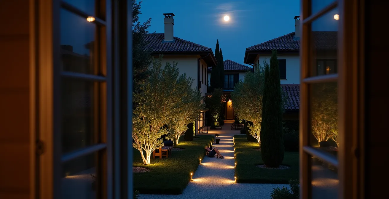 Vista notturna di giardino italiano con luci schermate e fasci direzionali controllati