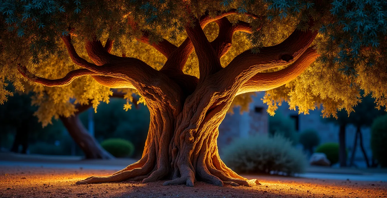 Ulivo secolare illuminato di notte con faretti che esaltano la texture della corteccia nodosa