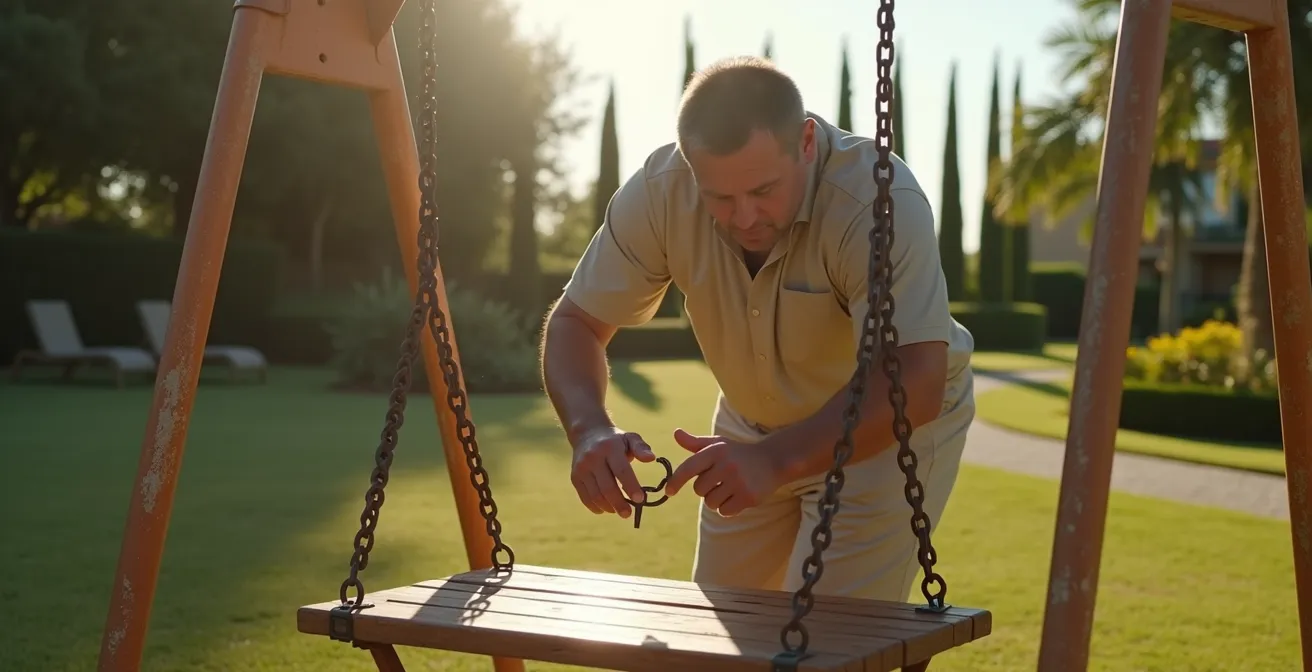 Controllo visivo delle saldature e punti di stress su dondolo da giardino