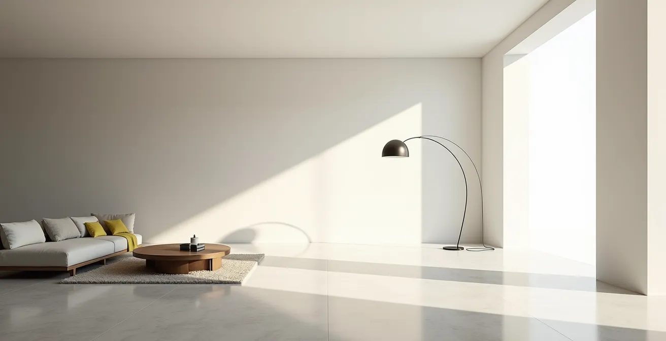 Lampada ad arco in salotto italiano con luce indiretta che amplia visivamente lo spazio