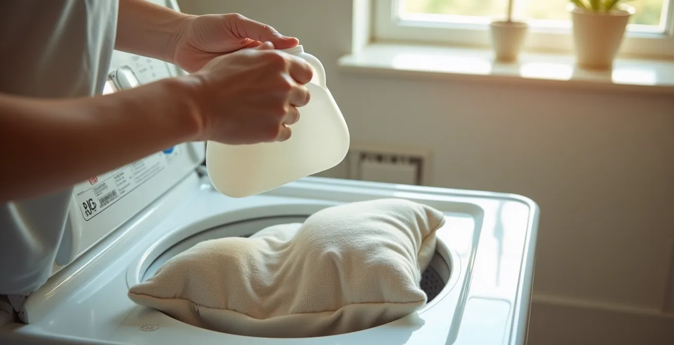 Mani che versano detersivo neutro liquido in lavatrice con tessuti antimacchia outdoor