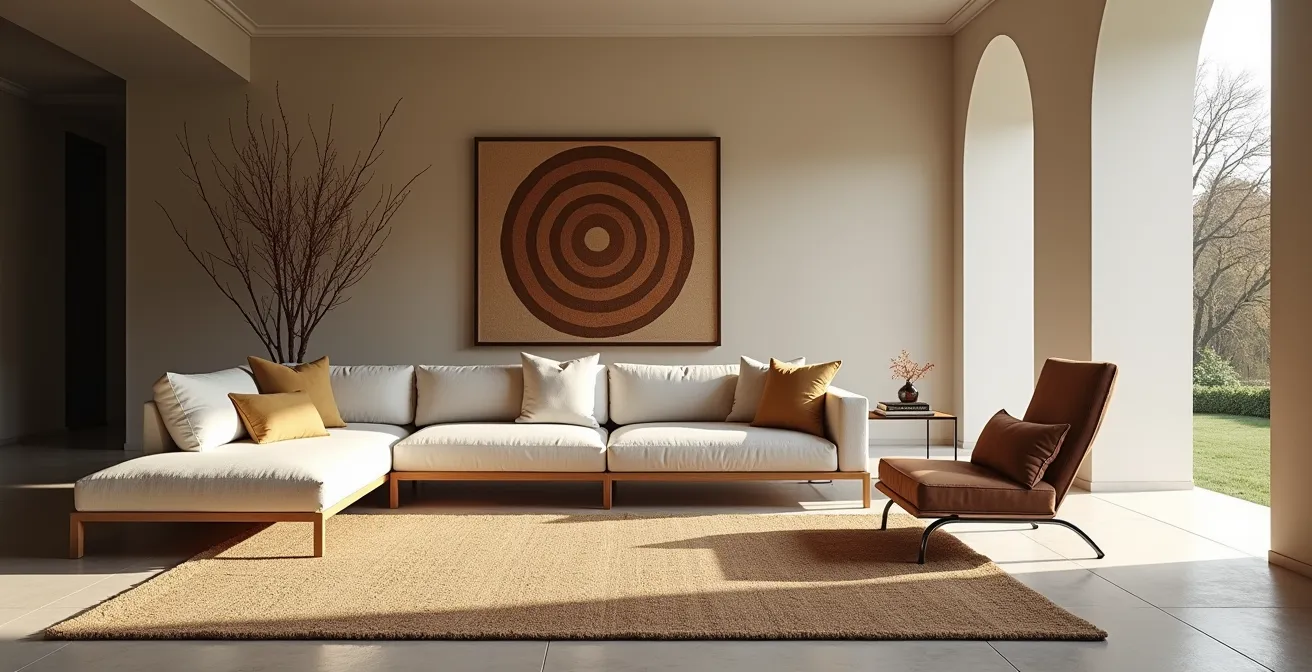 Open space italiano con due tappeti coordinati che definiscono zone diverse