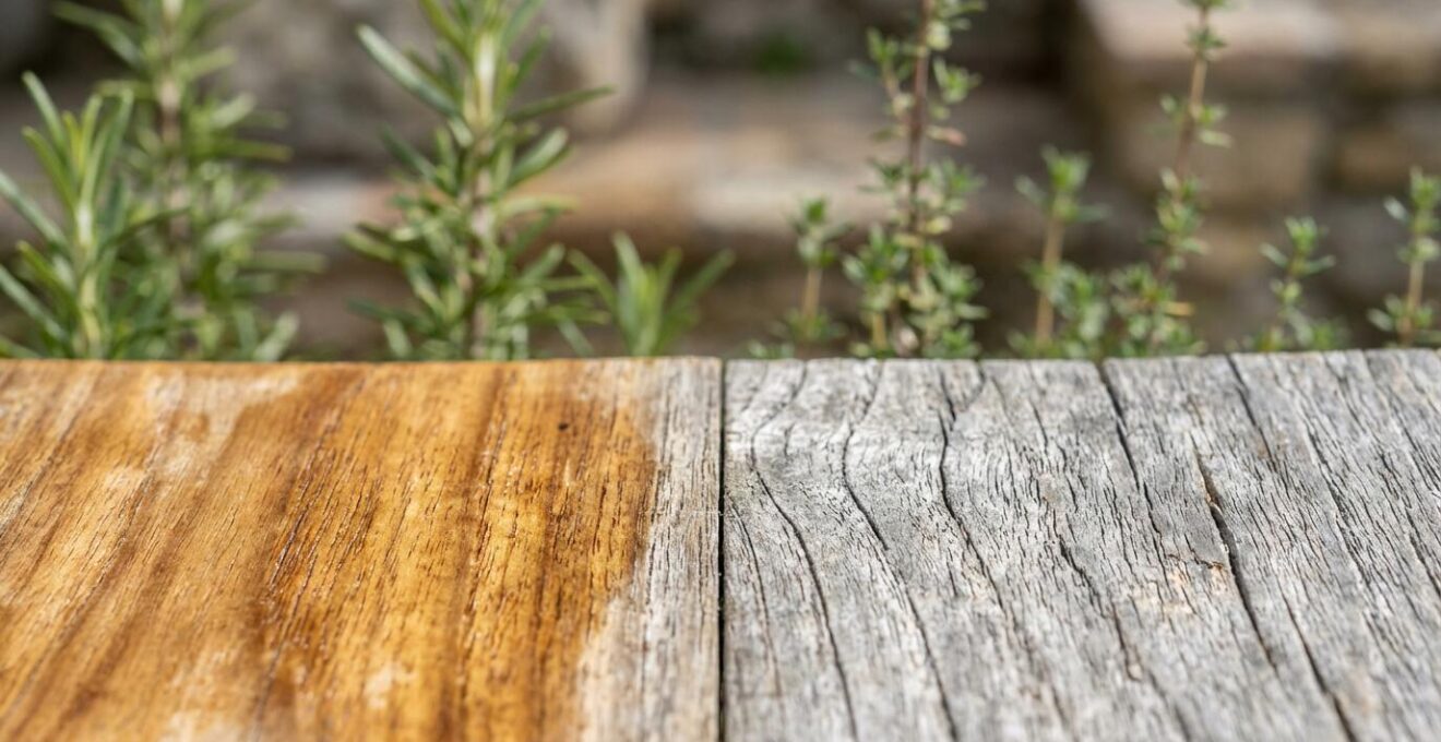 Dettaglio ravvicinato della patina grigio argento su legno di teak invecchiato naturalmente