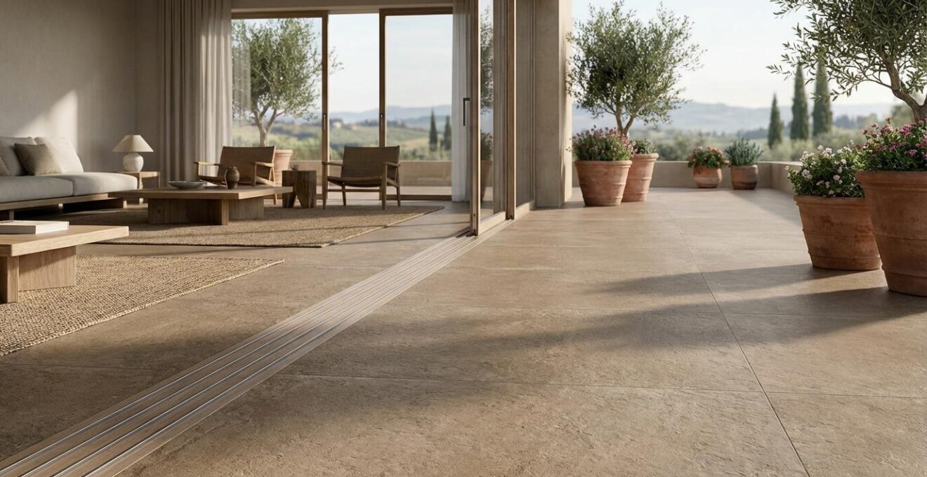 Pavimento in gres porcellanato che continua dall'interno verso il terrazzo esterno