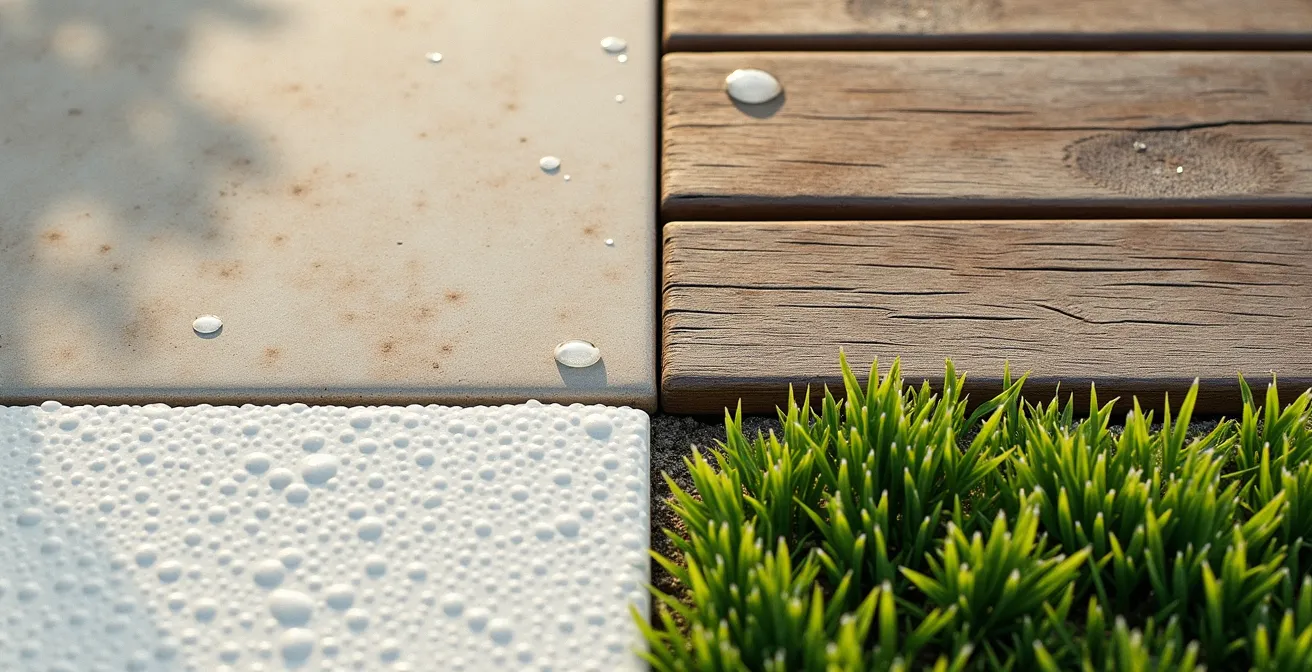 Dettaglio ravvicinato di diverse pavimentazioni per solarium sotto il sole estivo