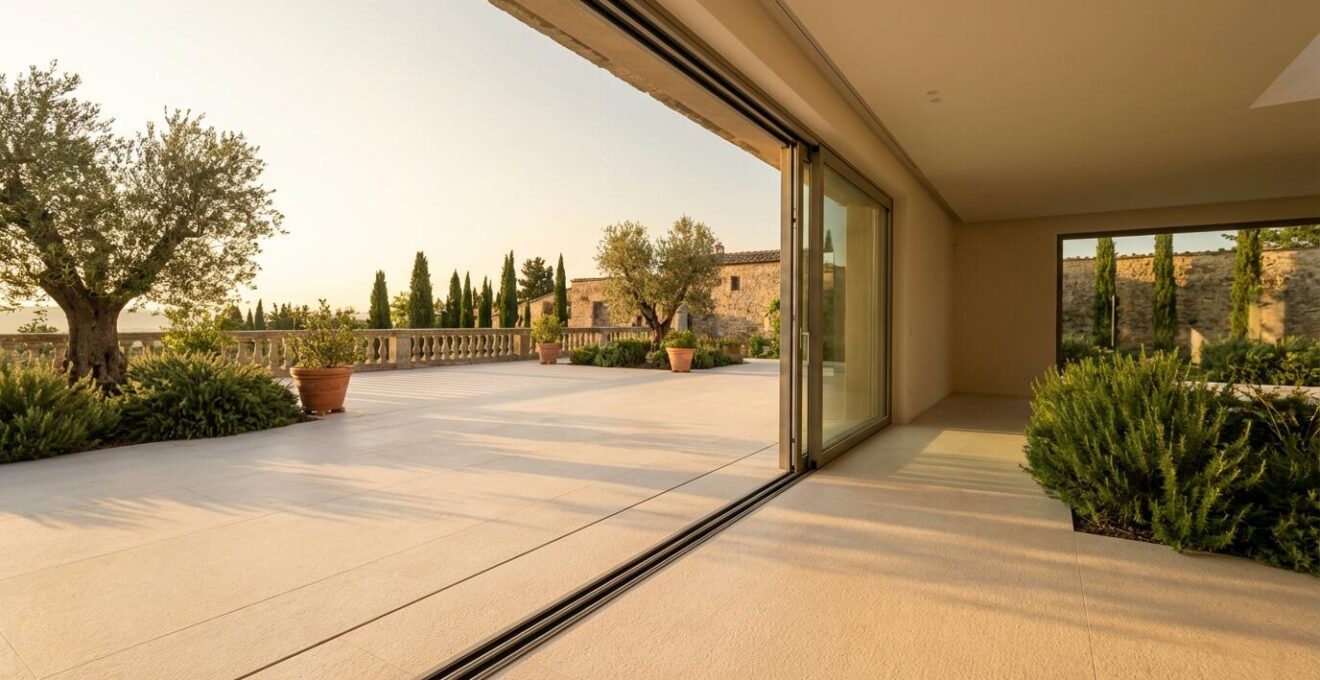 Pavimento continuo esterno in gres porcellanato con vista su giardino italiano