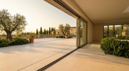 Pavimento continuo esterno in gres porcellanato con vista su giardino italiano