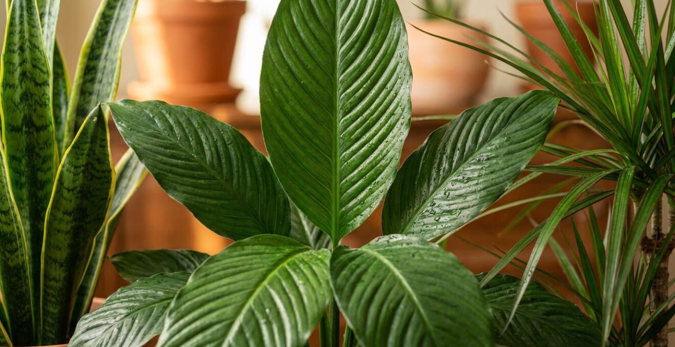 Composizione di Spathiphyllum, Dracaena e Sansevieria in salotto italiano