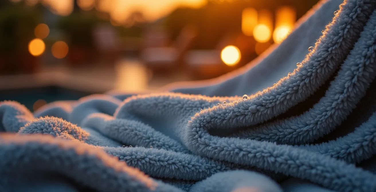 Plaid in pile colorato drappeggiato su poltrona da terrazzo durante il tramonto italiano
