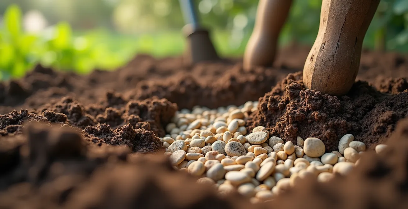 Dettaglio ravvicinato della preparazione del terreno con strati di drenaggio per il trapianto di un ulivo secolare