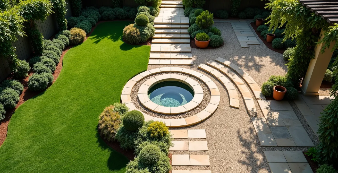 Vista aerea di un giardino italiano che mostra la proporzione perfetta tra aree verdi e pavimentate