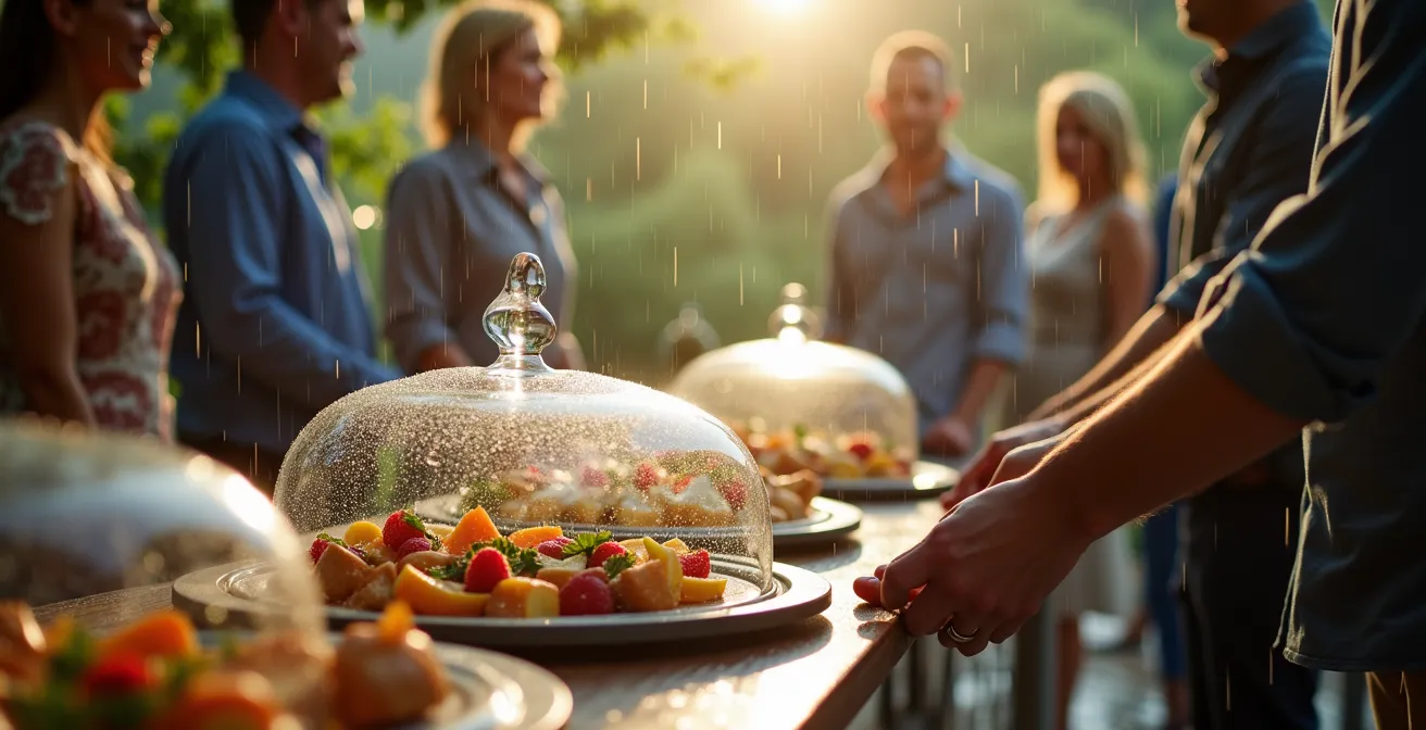 Terrazzo italiano con sistema di copertura rapida attivato durante pioggia improvvisa, ospiti al riparo sotto gazebo