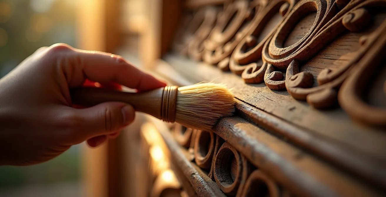 Mano che pulisce delicatamente intagli in legno con pennello di martora