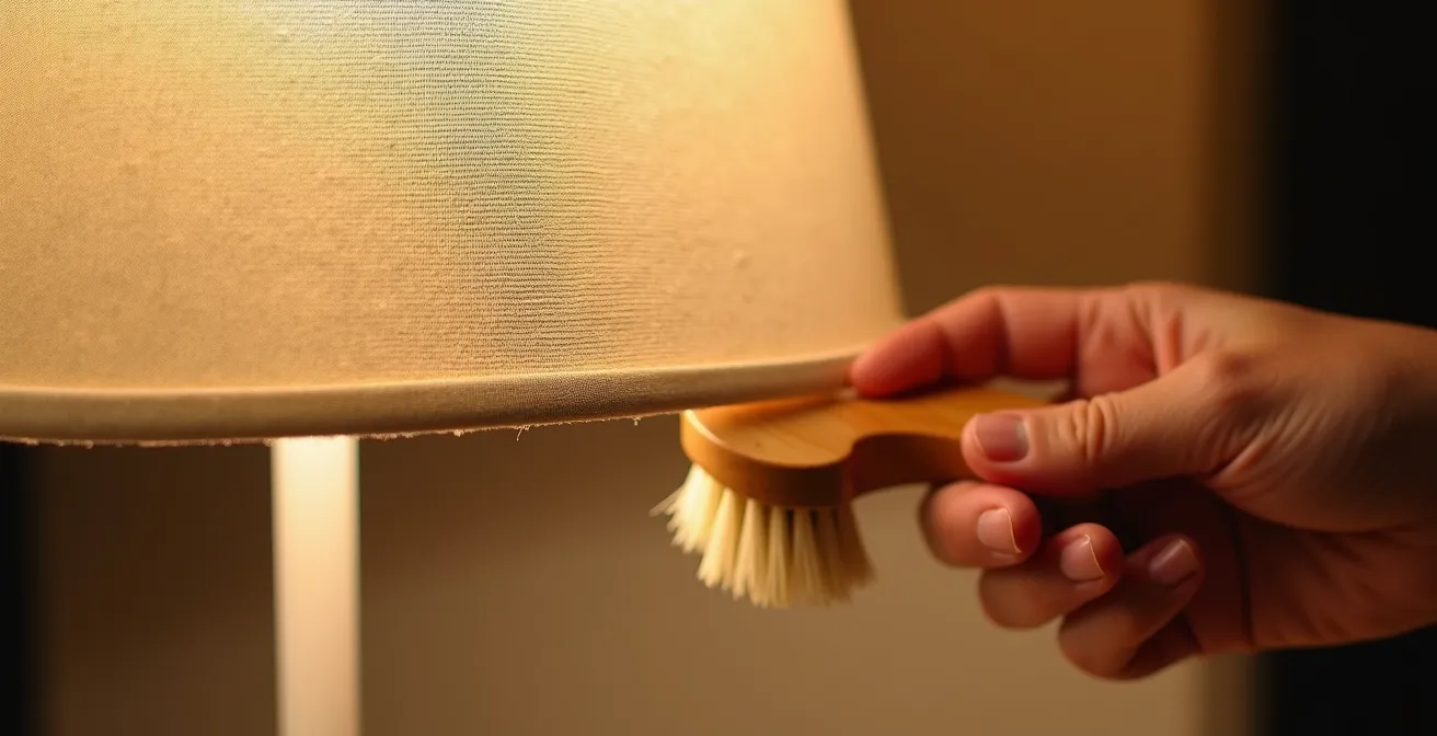 Dettaglio ravvicinato della pulizia delicata di un paralume in tessuto