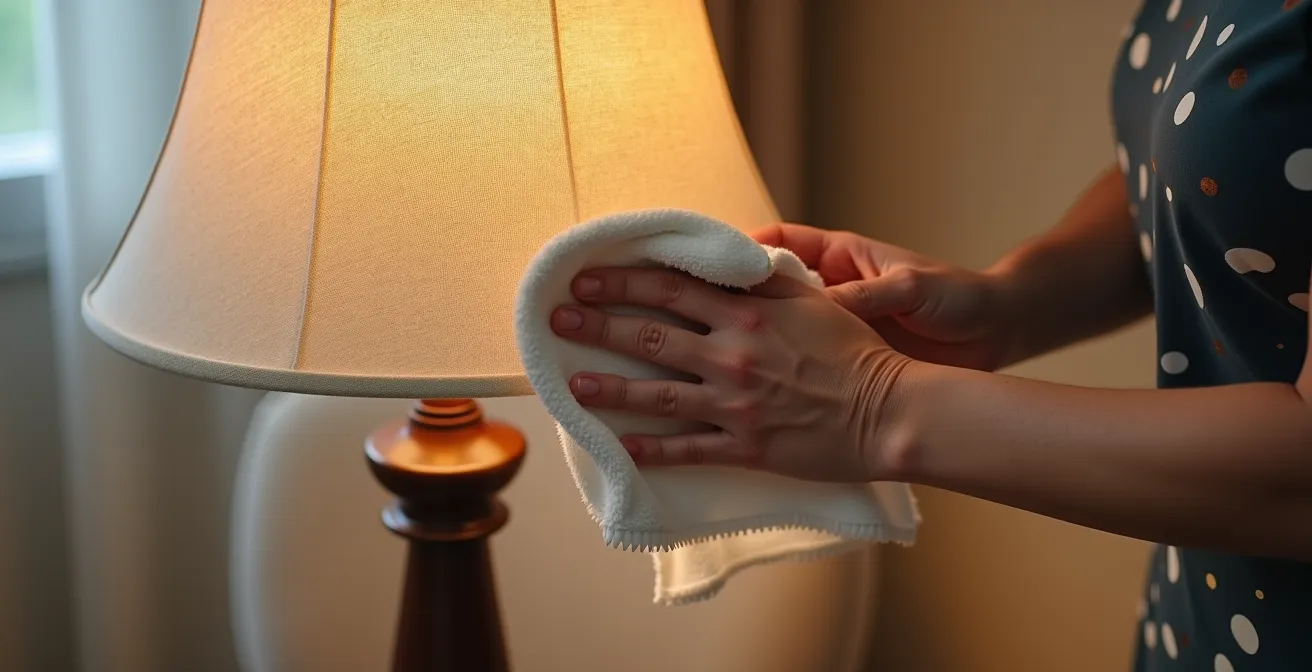 Mano che pulisce delicatamente un paralume in tessuto con panno microfibra