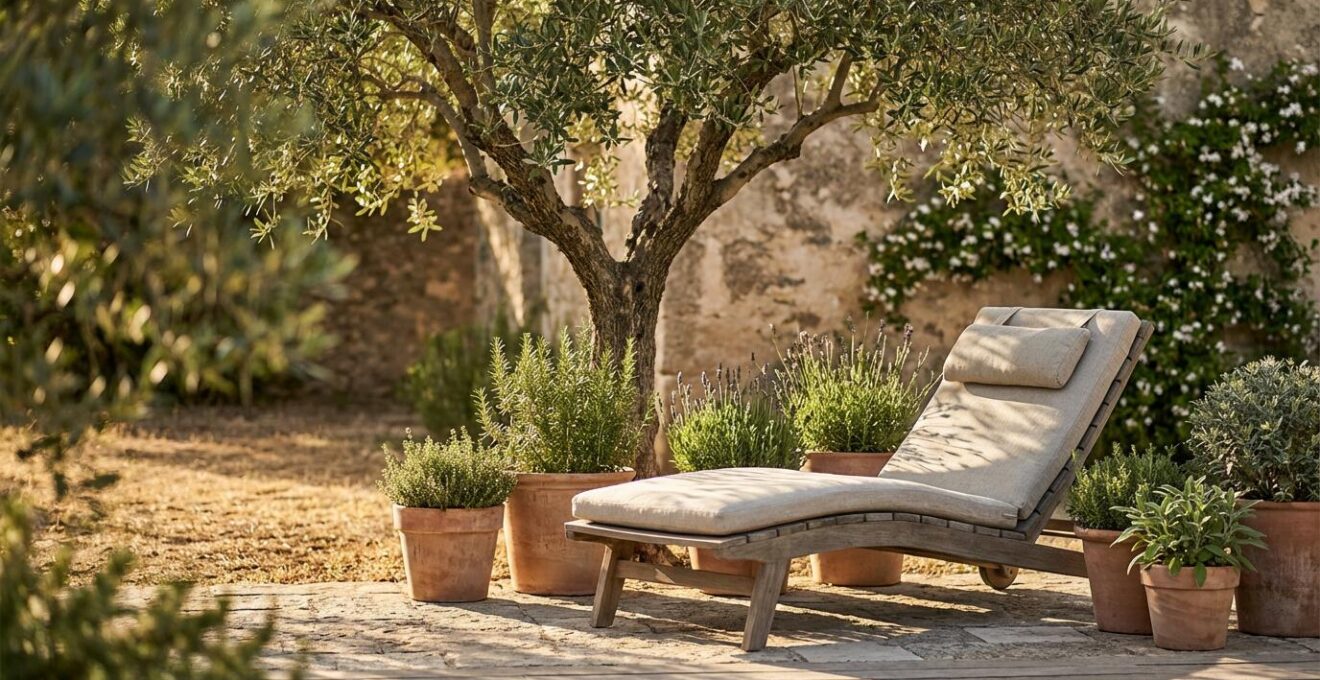 Angolo relax in un giardino mediterraneo italiano con chaise longue ergonomica circondata da piante aromatiche e alberi ombreggianti