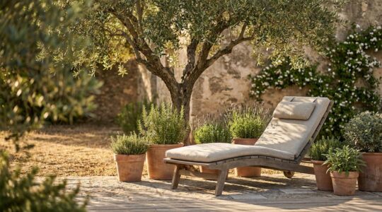 Angolo relax in un giardino mediterraneo italiano con chaise longue ergonomica circondata da piante aromatiche e alberi ombreggianti