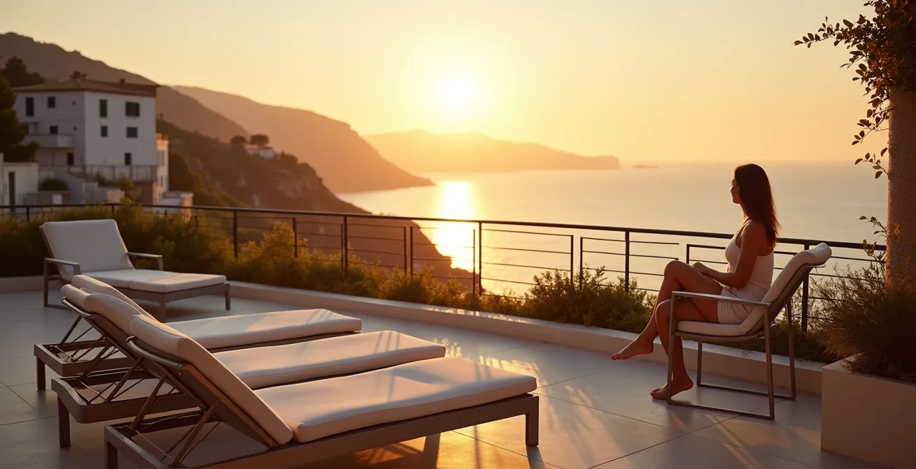 Elegante salotto da esterno in alluminio e tessuto acrilico su terrazza vista mare italiana