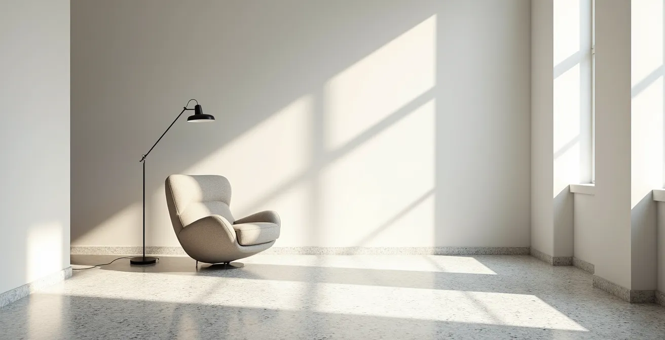 Salotto italiano con poltrona di design posizionata strategicamente come elemento scultoreo