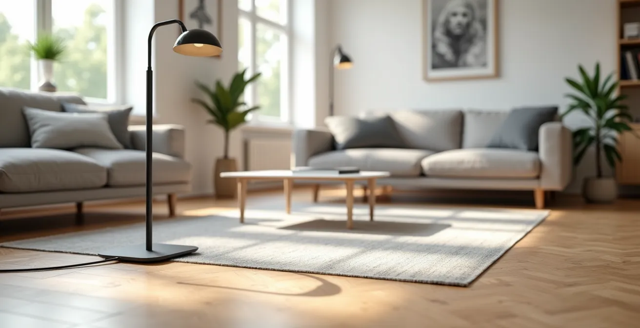 Salotto italiano minimalista con lampada da terra e gestione invisibile dei cavi